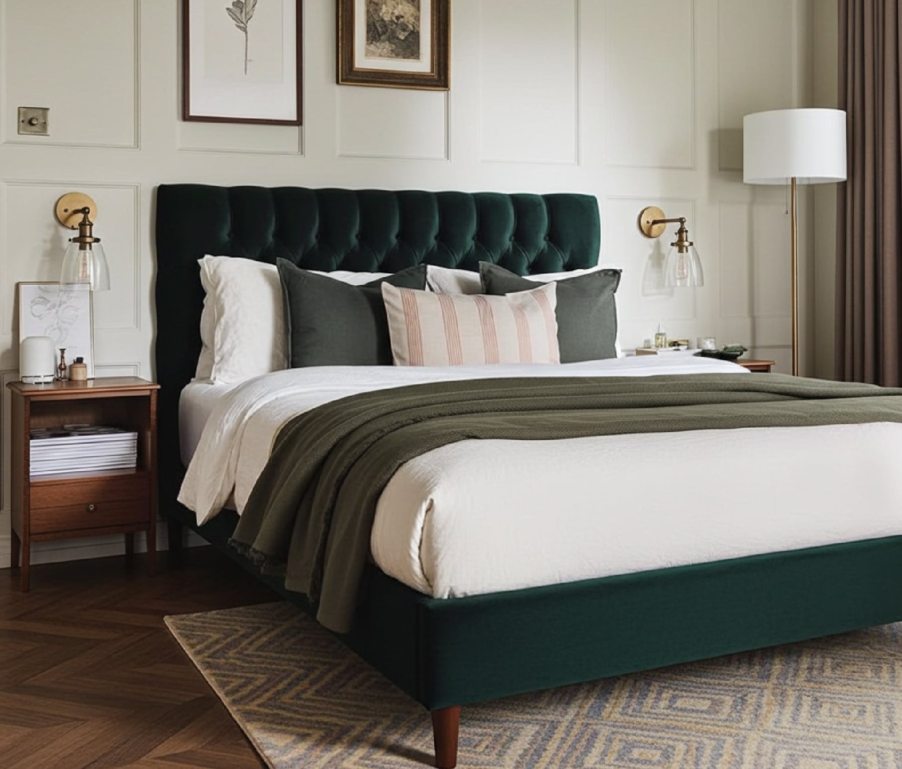A luxurious upholstered bed in a softly lit bedroom, showcasing elegant design, premium fabric, and high-quality craftsmanship — the hallmark features of a luxury bed.