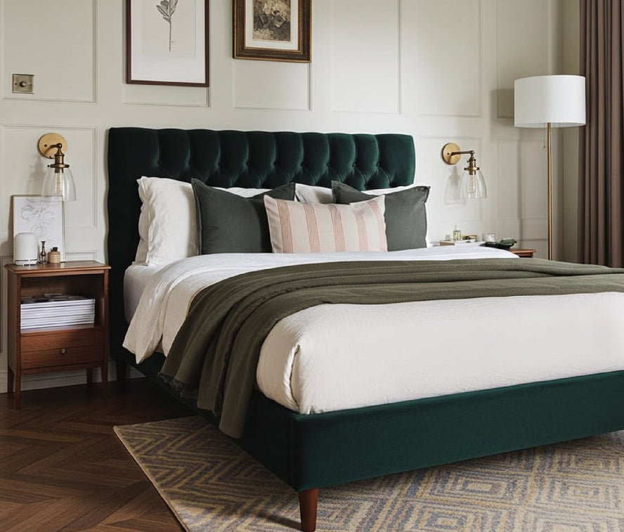A luxurious upholstered bed in a softly lit bedroom, showcasing elegant design, premium fabric, and high-quality craftsmanship — the hallmark features of a luxury bed.