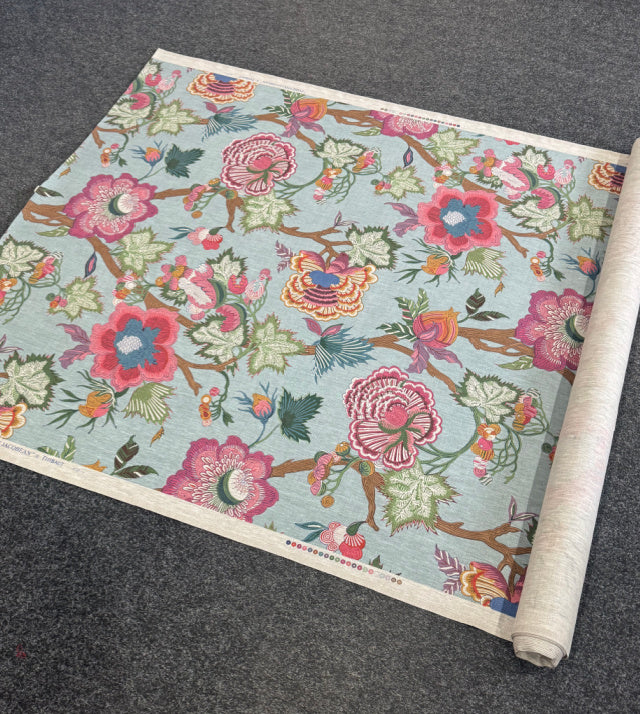 Vibrant, complex floral upholstery fabric supplied by customer for bespoke headboard project
